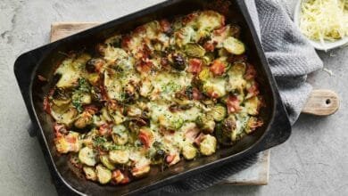 غراتان البروكلي واللحم المقدد