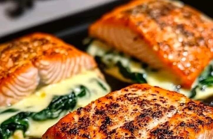 سلمون محشي بالسبانخ والجبن